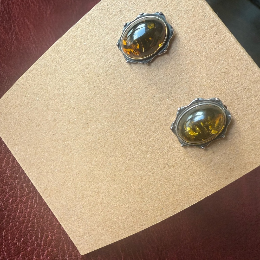 Vintage Sterling Silver Amber Oval Earrings